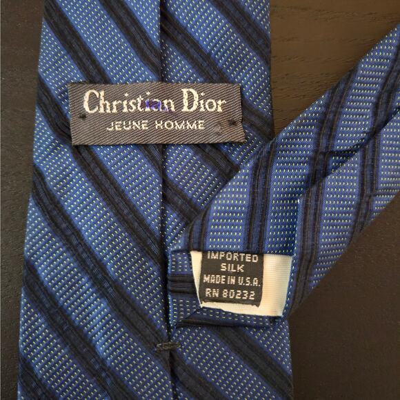 Vintage Christian Dior Jeune Homme Silk Tie Blue Diagonal Stripes USA Made - Picture 3 of 6